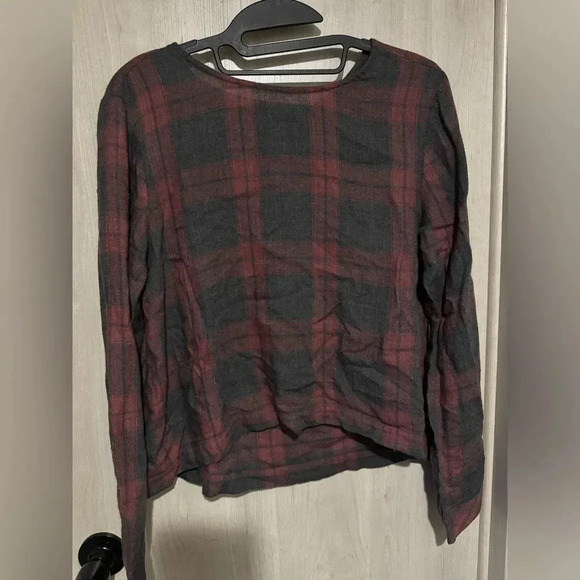 Cloth and Stone Anthropologie Red and Black Plaid Long Sleeve Top‎ W Black Bow - Picture 1 of 8